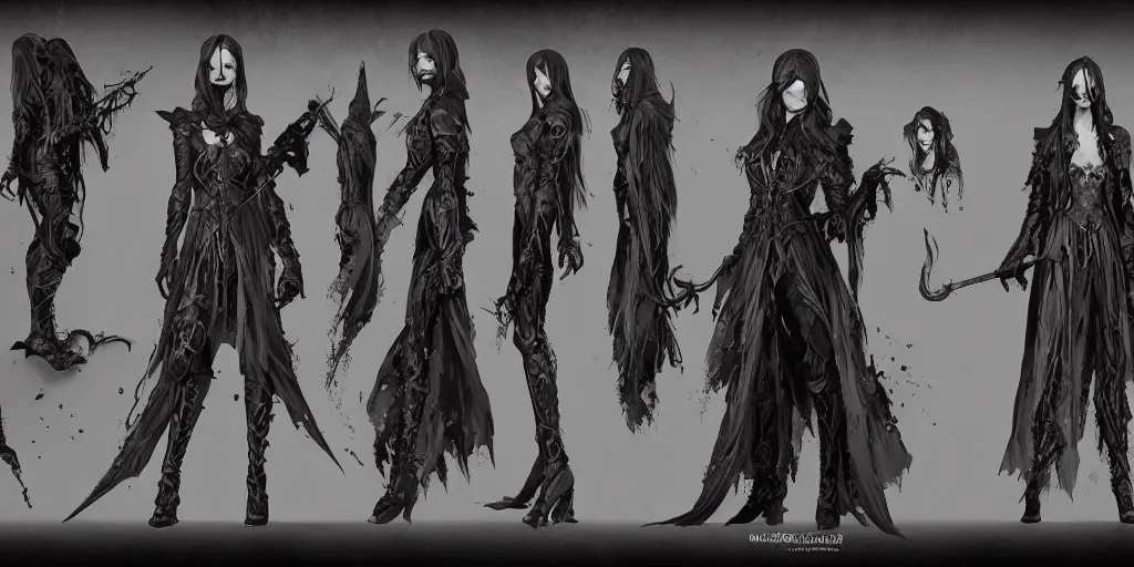 Image similar to gothic character front detail designs, Milo Manara, Greg Rutkowski, character sheet, Darek Zabrocki, Karlkka, Jayison Devadas, Phuoc Quan, trending on Artstation, 8K, ultra wide angle, pincushion lens effect