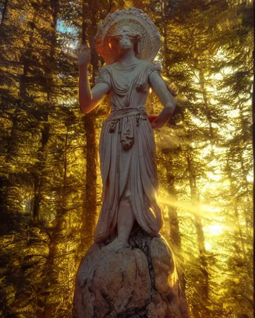 Image similar to Ancient statue of wise mushroom goddess wearing pagan clothes and leaves lost in the heart of the pristine cedar forest | dramatic light | cinematic lighting | sunshafts, volumetric lighting | golden hour | style of donato giancola