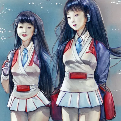 Image similar to a perfect, realistic professional digital sketch of a Japanese schoolgirls posing in a sci-fi cityscape, style of Marvel, full length, by pen and watercolor, by a professional American senior artist on ArtStation, a high-quality hollywood-style sketch, on high-quality paper