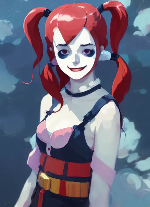 Prompt: portrait of cute harley quinn, cloudy sky background lush landscape illustration concept art anime key visual trending pixiv fanbox by wlop and greg rutkowski and makoto shinkai and studio ghibli