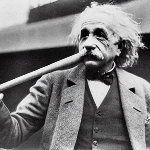 Prompt: photograph of albert einstein holding a baseball bat at the world series