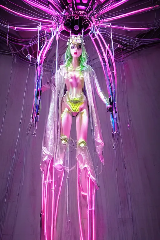 Image similar to full-body baroque and bladerunner style pink neon and chrome statue of a beautiful pale priestess robot goddess humanoid wearing a see-through silk kimono, posing like a falling model, suspended from the ceiling with wire cables, glowing peach face, street hoody of red steampunk lasers, emeralds, swirling silver silk fabric. futuristic elements. oozing glowing liquid, full-length view. space robots. human skulls. throne made of bones, intricate artwork by caravaggio. Trending on artstation, octane render, cinematic lighting from the right, hyper realism, octane render, 8k, depth of field, 3D