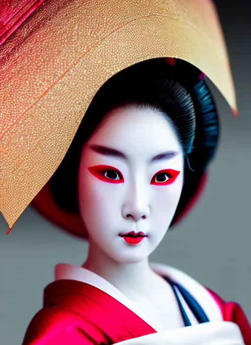 Prompt: Geisha extreme closeup photo portrait, beautiful pale makeup, pearlescent skin, elegant pose, very detailed, highly detailed kimono, photorealism, artstation, different point of view, sharp focus, photorealistic, soft diffuse lights, canon 5D 50 mm lens, zen natural background, def of field