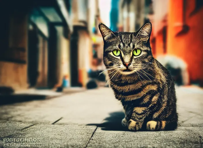 Image similar to photography of a Cat sitting on a box. in a cyberpunk street, award winning photo, saturated, colored, colors, 100mm, sharp, high res