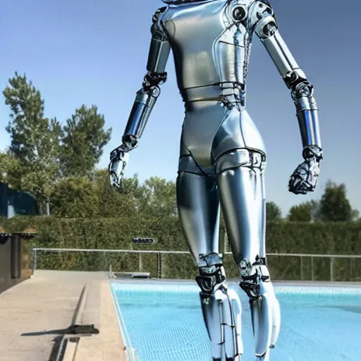 Image similar to a realistic detailed photo of a guy who is an attractive humanoid who is half robot and half humanoid, who is a male android, soccer player martin ødegaard, shiny skin, posing like a statue, blank stare, by the pool, on display, showing off his muscles, humanoid robot, frozen ice statue