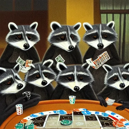 Image similar to a gang of raccoons playing poker at night