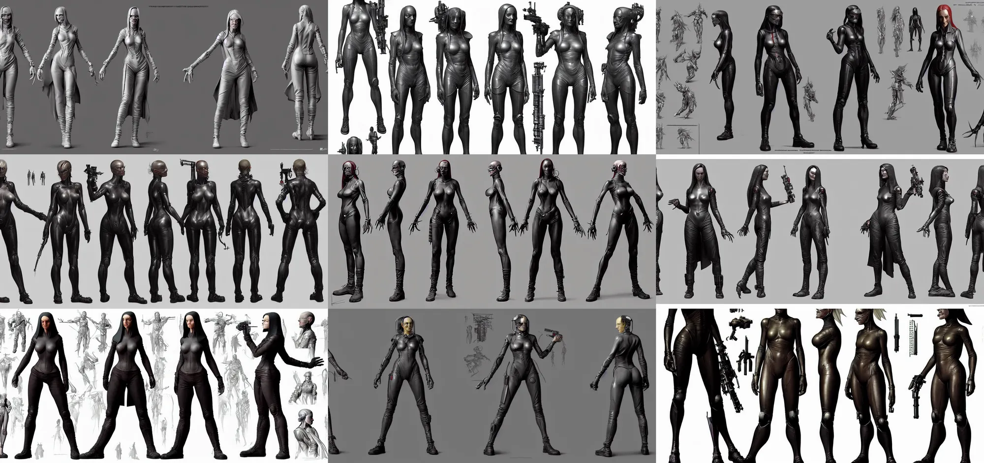 Prompt: character model sheet, badass cyberpunk girl, by thomas blackshear and hieronymus bosch and weta workshop