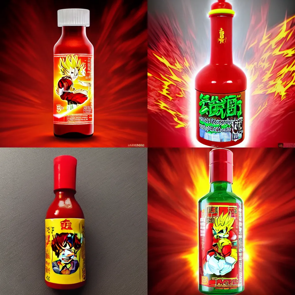 Prompt: a bottle of Huy Fong Foods Sriracha going super saiyan, anime artstyle, yellow, dramatic lighting, intense lighting, bright