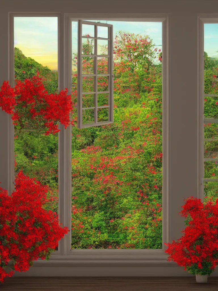 Prompt: a interior photo of a vintage house single window with view to the sunrise near some red flowers, hyperrealistic, digital painting, masterpiece, high quality, highly detailed, high coherence, path traced, serene landscape, beautiful, elegant, bloom, godrays, complementary colors, natural lighting, symmetrical, low contrast, geometrically correct