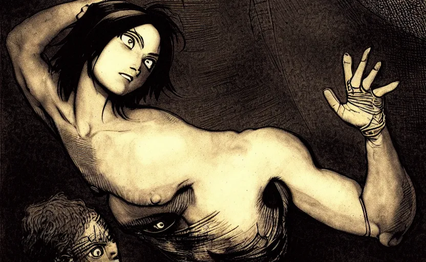 Prompt: the awakening. battle angel alita. by rembrandt 1 6 6 7, illustration