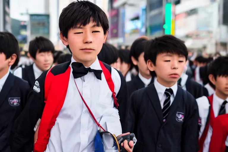 Image similar to close up photo of a japanese middle school boy wearing his school uniform at shibuya crossing, red weapon 8 k s 3 5, cooke anamorphic / i lenses, highly detailed, cinematic lighting