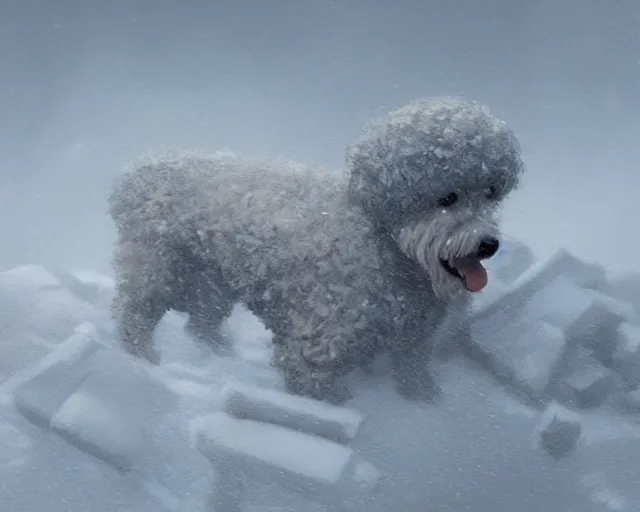 Image similar to prompt bichon battles through snowstorm with stomach scarred, digital painting, in the style of greg rutkowski, highly detailed