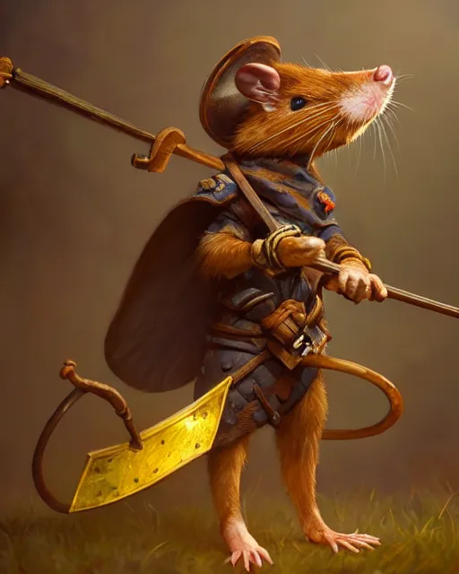 Prompt: closeup 2 8 mm anthropomorphic scout rat using a bow in a castle, d & d, fantasy, intricate, action pose, particle effects, highly detailed, digital painting, artstation, concept art, matte, sharp focus, volumetric lighting, illustration, hearthstone, art by artgerm, wlop, craig mullins, alphonse mucha