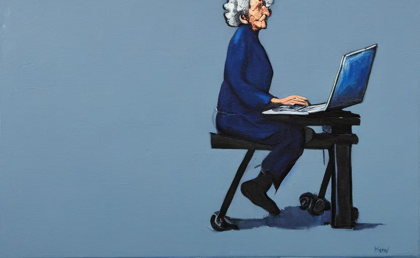 Prompt: a painting of an old woman walking across the keyboard of a giant laptop, high quality, smooth, blue period