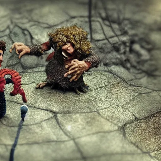 Image similar to claymation of samwise fights shelob, gritty, tilt shift, award winning, highly textured, very detailed!, eerie