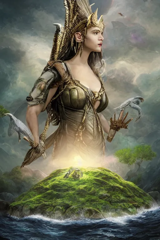 Image similar to A fantasy book style portrait painting of the Great Turtle Island at the center of the Universe, accompanied by a hybrid, Anya_Taylor-Joy, Cory Chase, Eva Green, as a Mystical Valkyrie, Anubis-Reptilian, Atlantean Warrior, François Boucher, Oil Painting, Crisp clear resolution, unreal 5, DAZ, hyperrealistic, octane render, Regal, Refined, Detailed Digital Art, RPG portrait, Walt Disney (1937), William-Adolphe Bouguereau, Michael Cheval, Steampunk, Volumetric Golden dappled dynamic lighting, Highly Detailed, Cinematic Lighting, Unreal Engine, HD, 8k, HD