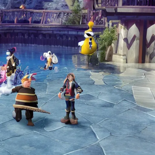 Image similar to screenshot of kingdom hearts 3, Disney and final fantasy crossover, donald duck and goofy npc characters, Kingdom hearts styled gameplay, unreal engine 4, kingdom hearts 3, kingdom hearts, godrays, realistic lighting, pirates of the carribean, rapunzel, cinderella, disneys frozen, toy story 2, monsters inc, First person shooter game hud