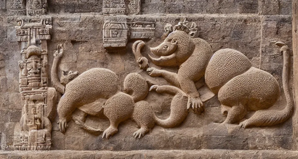 Prompt: Stone bas-relief of ornate royal capybara on wall of Sri Dalada Maligawa Temple of tooth relic, Temple of Buddha tooth, Kandy, Sri Lanka