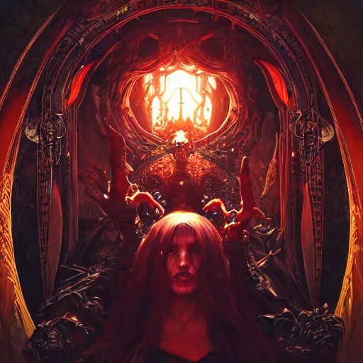 Image similar to hyper realistic portrait of a Necronomicon demon character in a hell portal in a film, art by artery and Greg Rutkowski and alphonse mucha, sci-fi, fantasy, intricate, ornate, very very beautiful, elegant, highly detailed, digital painting, artstation, concept art, smooth, sharp focus, illustration