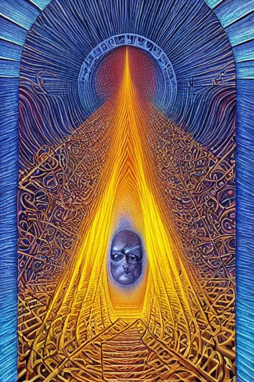 Image similar to staircase towards a otherworldly sacred geometry entrance into another universe, majestic occult gates, magical weird, strange fantastic, cyberpunk, by octavio ocampo