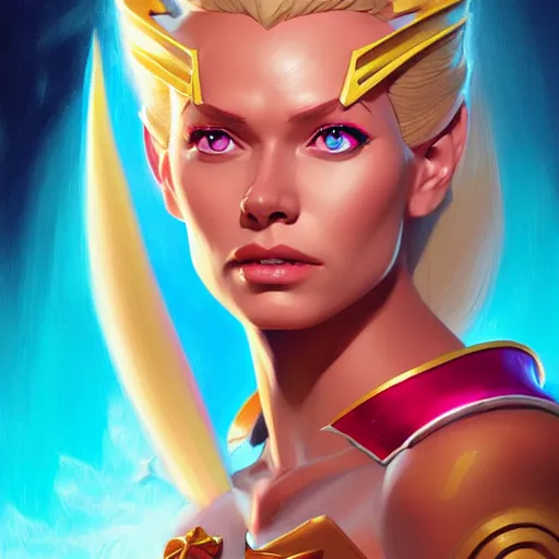 Prompt: portrait of she - ra, highly detailed, digital painting, artstation, concept art, illustration, by ken saito, lya pilnev, siwoo kim, christophe young, anna podedworna, yin zhen chu, zeronis, magdalena radziej,