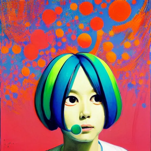 Prompt: a portrait of a serious Operator Hatsune miku by Wayne Thiebaud, painting by Wayne Thiebaud, heavy pigment, colourful, heavy impasto technique, anime style, big eyes, space age pop