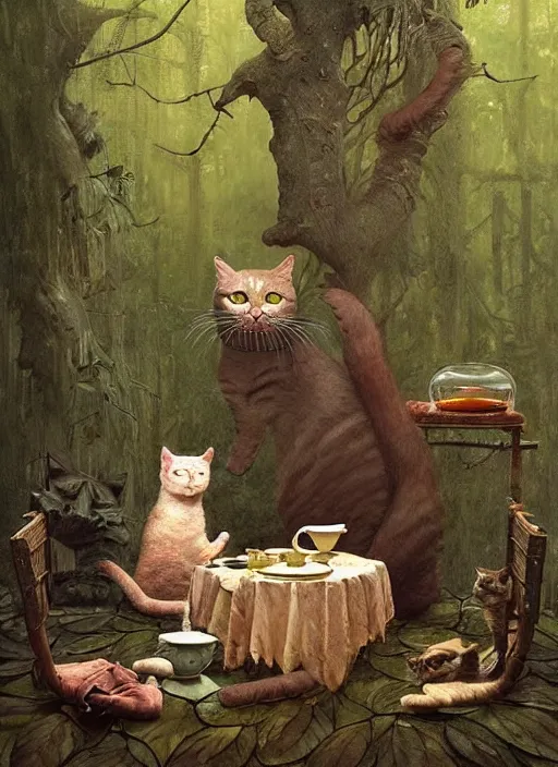 Prompt: cat having tea at a shrine in the woods gorgeous lighting, lush forest foliage a hyper realistic painting by chiara bautista and beksinski and norman rockwell and greg rutkowski weta studio, and lucasfilm