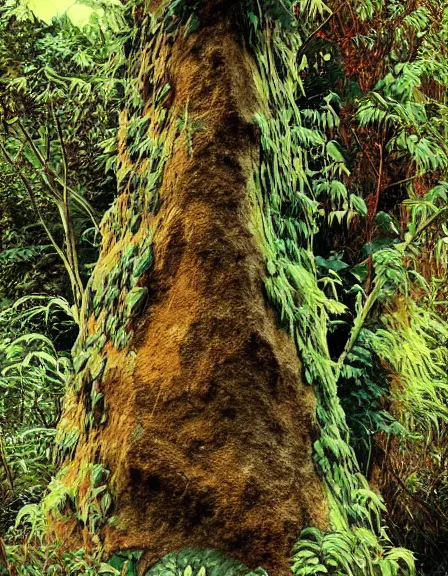 Prompt: vintage color photo of a 1 1 0 million years old abstract liquid gold sculpture covered by the jungle vines