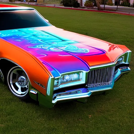 Prompt: photo of a very glossy buick riviera 1 9 7 0 boatstail low rider, the hood is airbrushed with an airbrush painting by boris valejo, front shot 3 5 mm, daylight