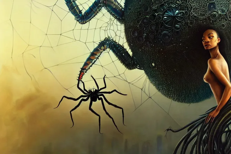 Image similar to realistic detailed closeup portrait movie shot of a beautiful black woman riding a giant spider, dystopian city landscape background by denis villeneuve, amano, yves tanguy, alphonse mucha, max ernst, ernst haeckel, edward robert hughes, roger dean, cyber necklace, rich moody colours, sci fi patterns, wide angle