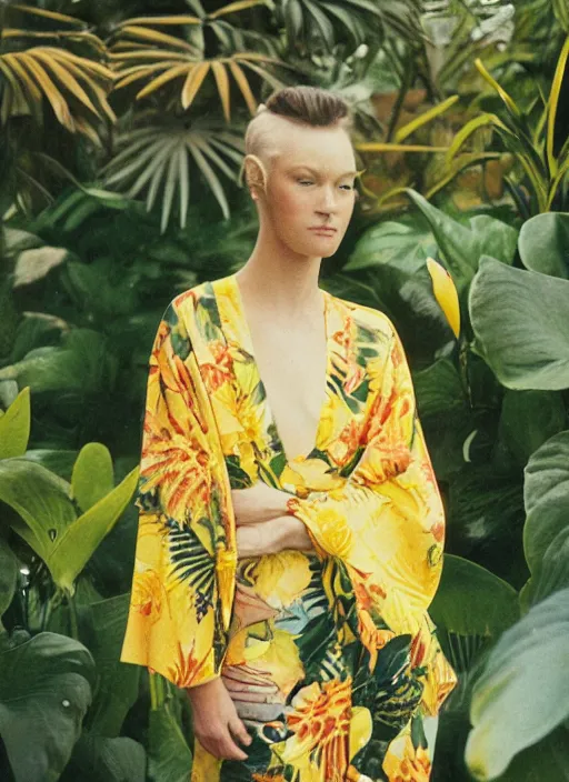 Image similar to grainy head to shoulder portrait Polaroid film photograph of an elegant top model wearing a yellow kimono in a tropical greenhouse. looking at the camera!!. super resolution. Extremely detailed. Polaroid 600 film. art by Rineke Dijkstraand Annie Leibovitz.