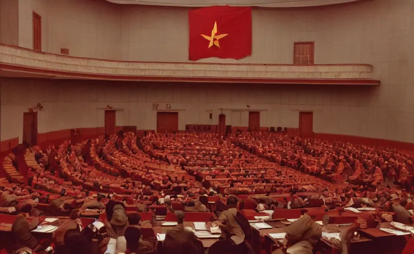 Image similar to 60s movie still of a stalinist style sovietic parlement with a giant USSR flag, by Irving Penn , cinestill 800t 35mm eastmancolor, heavy grainy picture, very detailed, high quality, 4k, HD criterion, precise texture, panoramic, cinematic