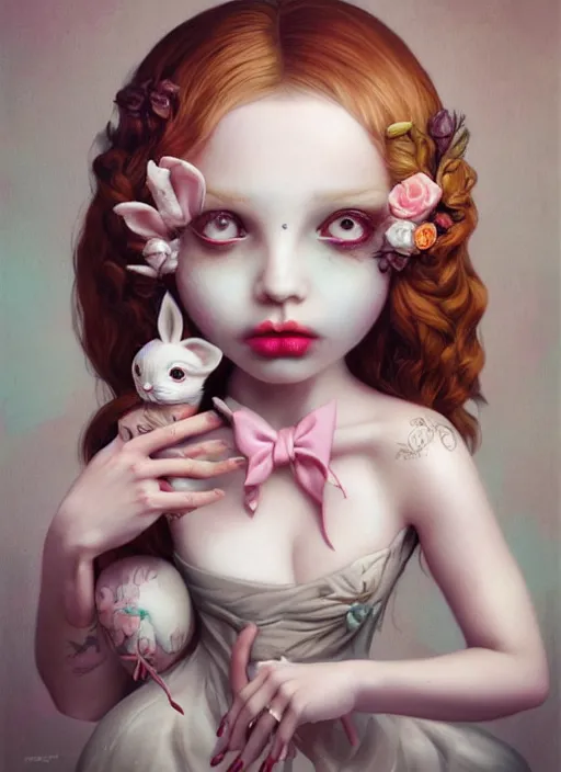 Image similar to pop surrealism, lowbrow art, realistic cute alice girl painting, holding a bunny, hyper realism, muted colours, rococo, natalie shau, loreta lux, tom bagshaw, mark ryden, trevor brown style,