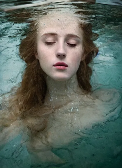 Prompt: Kodak Portra 400, 8K, soft light, volumetric lighting, highly detailed, britt marling style 3/4 , portrait photography of a beautiful woman how pre-Raphaelites by Giovanni Gastel with her eyes closed,inspired by Ophelia Millais Paint , the face emerges from water of Pamukkale, underwater face, the hair are intricate with highly detailed realistic beautiful brunches and flowers like crown, anatomical real full body dressed ethereal lace dress floating in water surface , Realistic, Refined, Highly Detailed, outdoor soft pastel lighting colors scheme, outdoor fine art photography, Hyper realistic, photo realistic