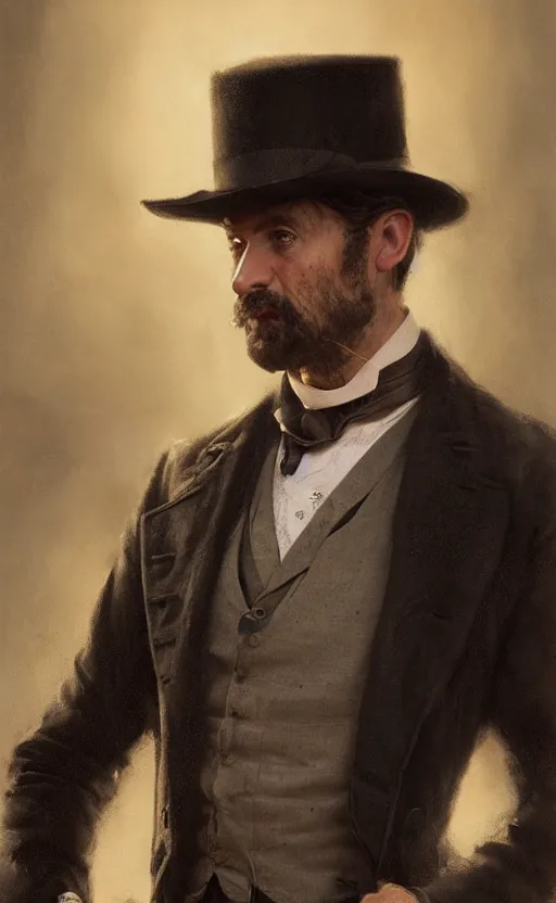 Image similar to Portrait of a victorian gentleman wearing a waistcoat, male, detailed face, victorian, highly detailed, cinematic lighting, digital art painting by greg rutkowski