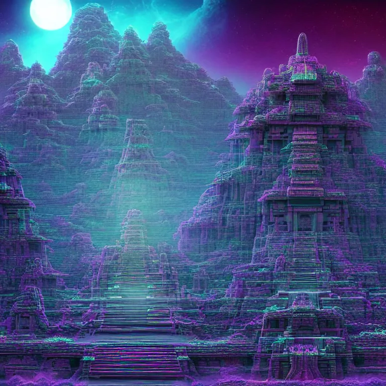 Prompt: mysterious ancient dieties hovering over magical temple, infinite quantum waves, synthwave, highly detailed by ernst steiner