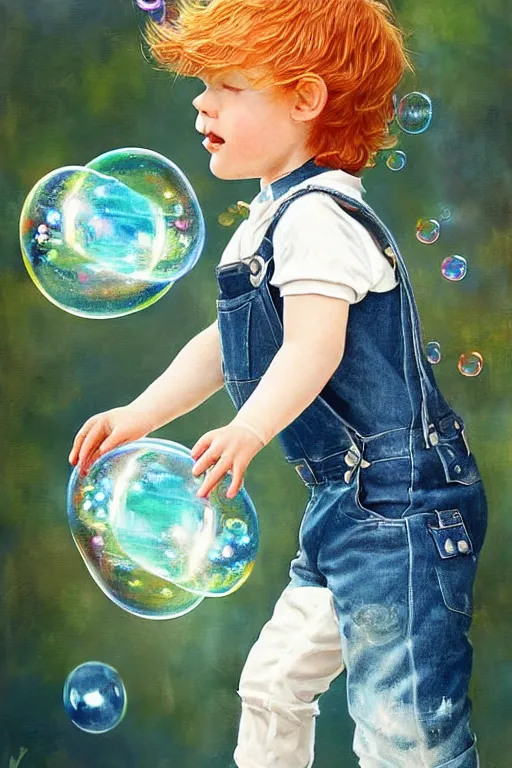 Image similar to a little boy with very short ginger hair wearing denim overalls chasing bubbles. clean elegant painting, beautiful detailed face, lots of bubbles. by artgerm and greg rutkowski