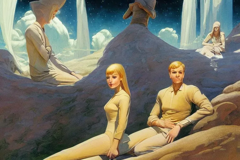 Image similar to beautiful painting of friends, beautiful faces, sitting on the edge, cute, soft light, digital painting by ralph mcquarrie and walter crane