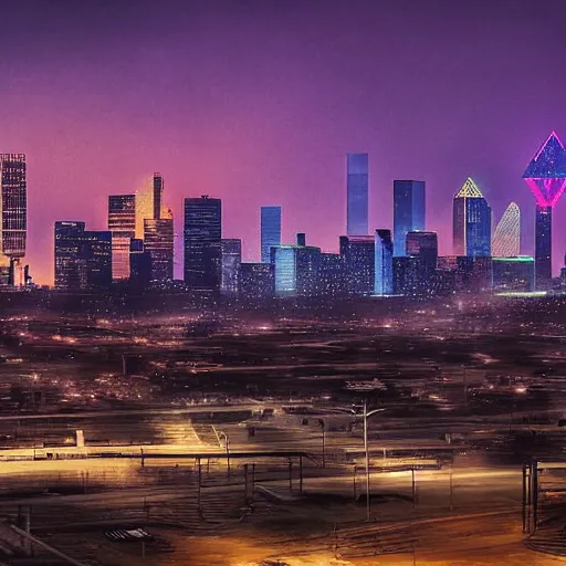 Image similar to dystopian and bleak Dallas skyline, bladerunner 2049 cyberpunk style, highly detailed photograph