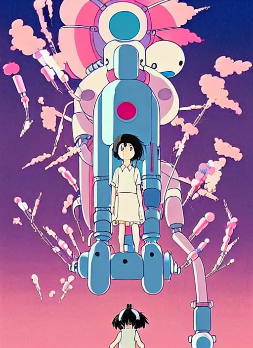 Prompt: a movie poster for a studio Ghibli film based on the song Yoshimi battles the pink robots, part 1. by the band the flaming lips; artwork by Hiyao Miyazaki and studio Ghibli; a Japanese girl is fighting a gigantic evil Pink Robot in an alley in Tokyo; highly detailed artwork by James jean and Phil noto