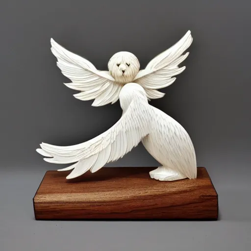 Prompt: wooden sculpture of a white cockapoo as an angel, polished maple, thoughtful, elegant, real