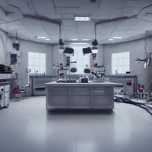 Image similar to 8 k hd detailed octane render of the laboratory of a mad scientist