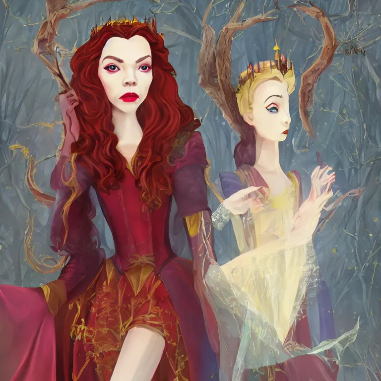 Image similar to anya taylor joy as the wicked queen in sleeping beauty, fantasy, artstation, smooth, illustration