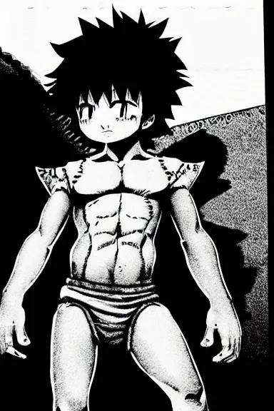 Image similar to attractive salvage little boy in lion suit, black and white artwork made by kentaro miura and yoshihiro togashi