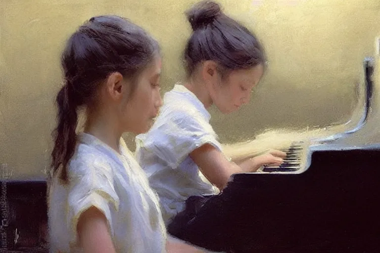 Image similar to “ little girl, pigtails hairstyle, practicing at the piano, jeremy lipking, casey baugh ”