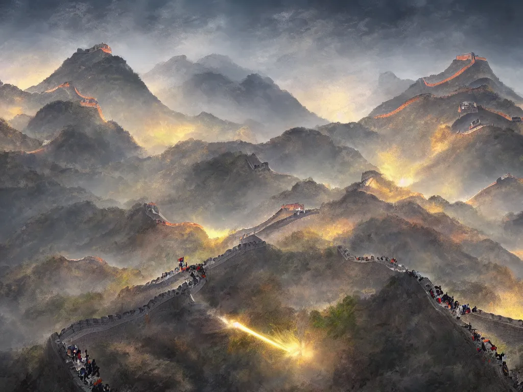 Image similar to advanced high technology version of the great wall of china with robot guards, digital painting, trending on artstation, deviantart, 8k, epic composition, intrinsic details, perfect coherence