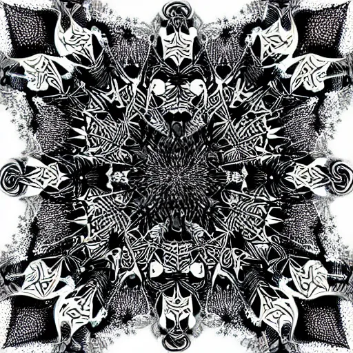 Prompt: an infinite fractal kaleidoscope, micron pen drawing, black ink, by charles burns, mandelbrot