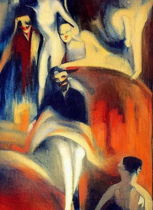 Prompt: 1920s moody art deco by Tito Corbella, a family enshrouded in an abstract representation of their own bedroom, thick impressionist brush strokes, figurative art by Bob Peak and by Mark Tennant, vintage postcard