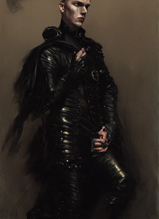 Prompt: portrait of a male in a black outfit, punk rock, a flemish baroque by alexander mcqueen, art by john collier by greg rutkowski and craig mullins, oil on canvas