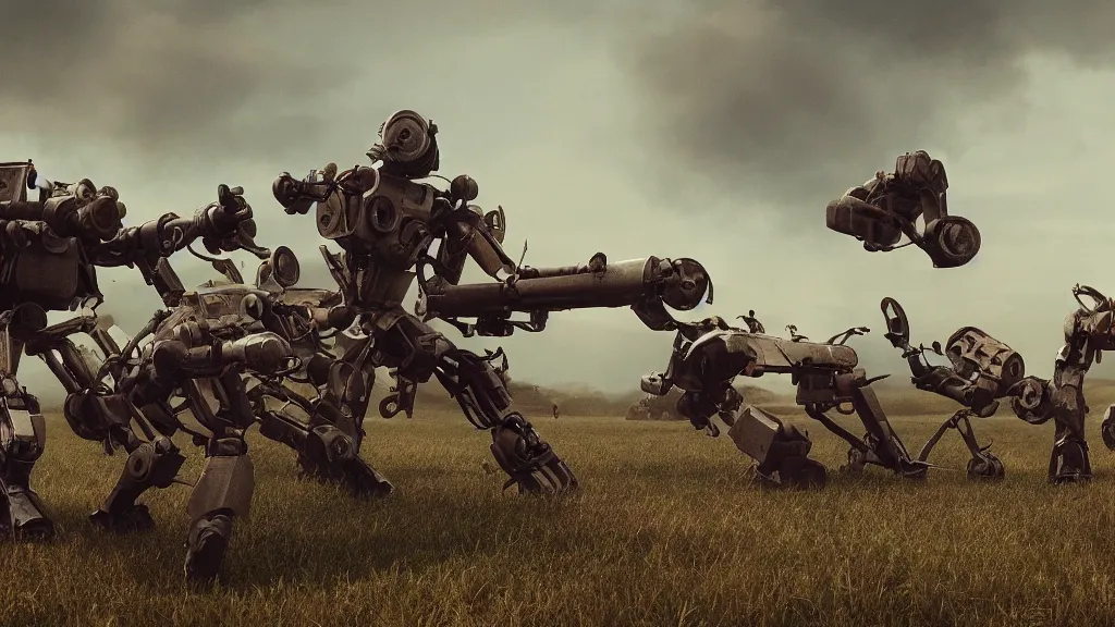 Prompt: 1920's battle in the countryside between bipedal mechs, octane render, 8k